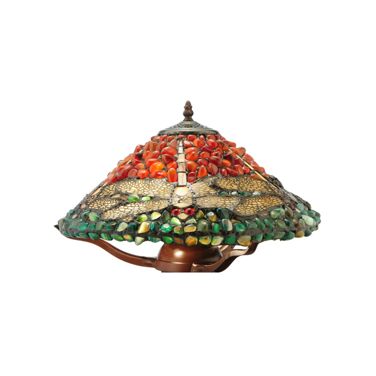 Mahogany Bronze Stained Glass Dragonfly Table Lamp with Agate Stones