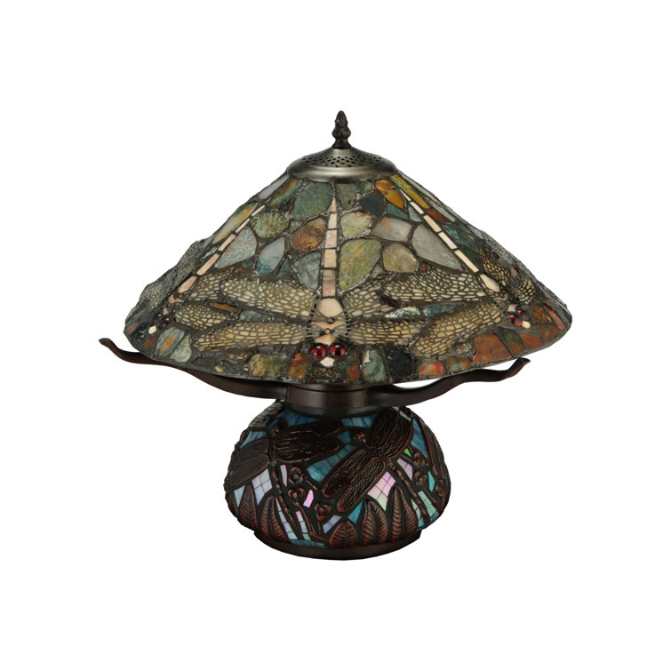 Dragonfly Cut Jasper 2-Light Bronze Stained Glass Table Lamp