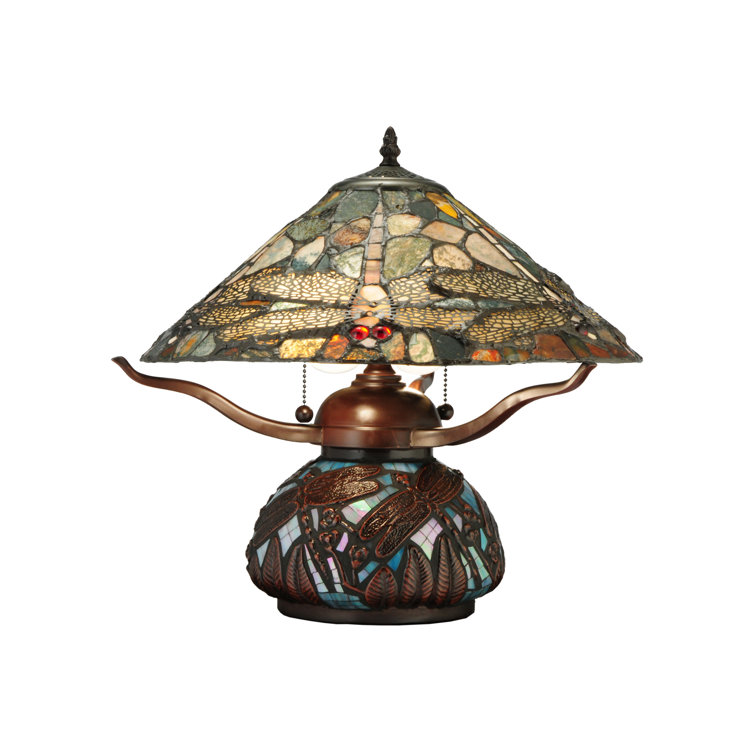 Dragonfly Cut Jasper 2-Light Bronze Stained Glass Table Lamp