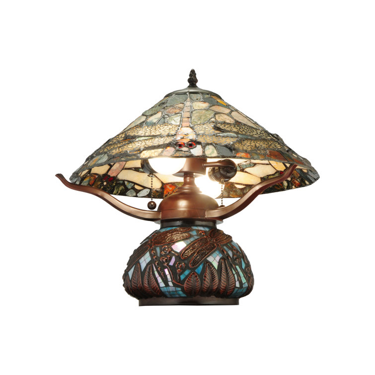 Dragonfly Cut Jasper 2-Light Bronze Stained Glass Table Lamp