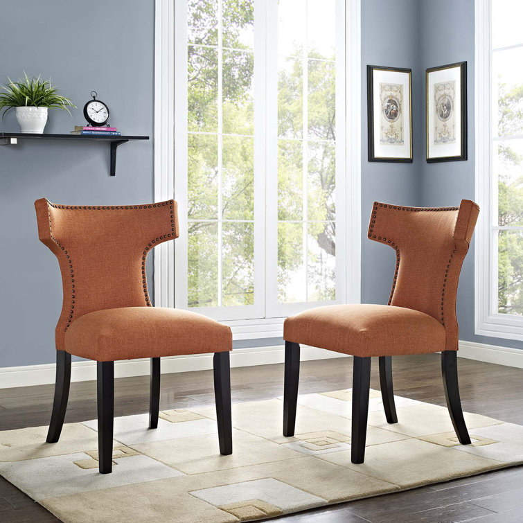 Chic Orange Hourglass Upholstered Side Chair with Wood Legs