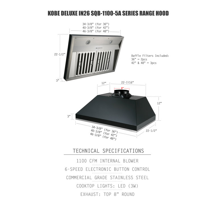 Kobe 36" Stainless Steel Built-In Range Hood with LED Lights