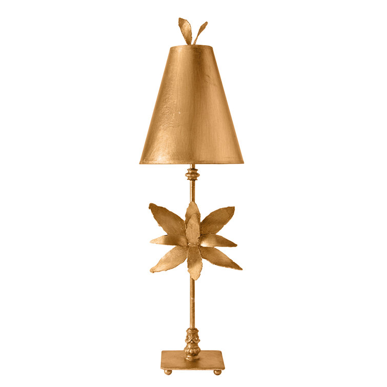 Tall Gold Leaf Steel Table Lamp with Floral Design