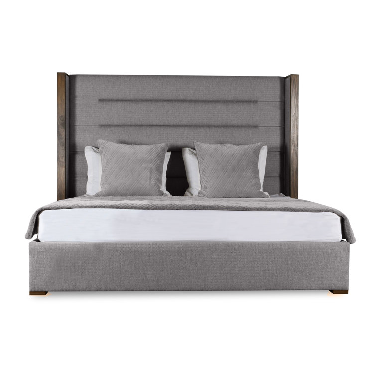 Grey Upholstered Queen Bed with Tufted Headboard and Wood Frame