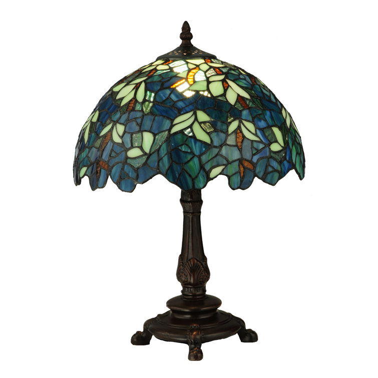 Blue Stained Glass Tiffany Table Lamp with Bronze Base