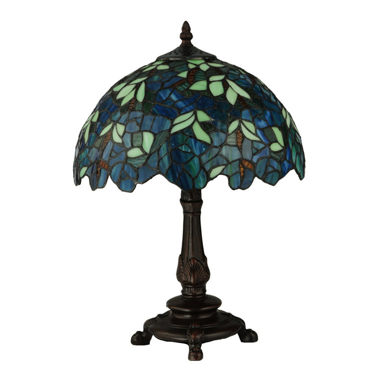 Blue Stained Glass Tiffany Table Lamp with Bronze Base