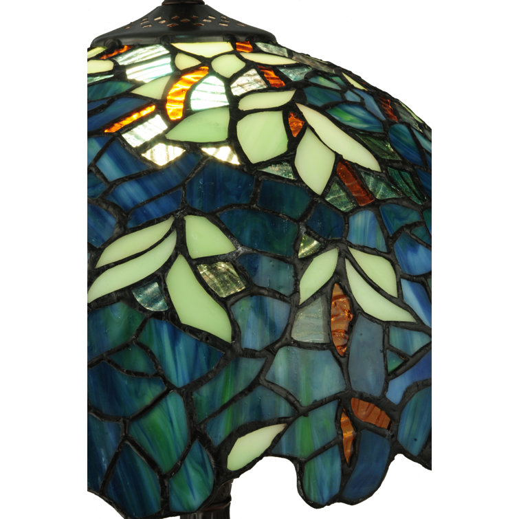 Blue Stained Glass Tiffany Table Lamp with Bronze Base