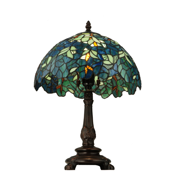 Blue Stained Glass Tiffany Table Lamp with Bronze Base