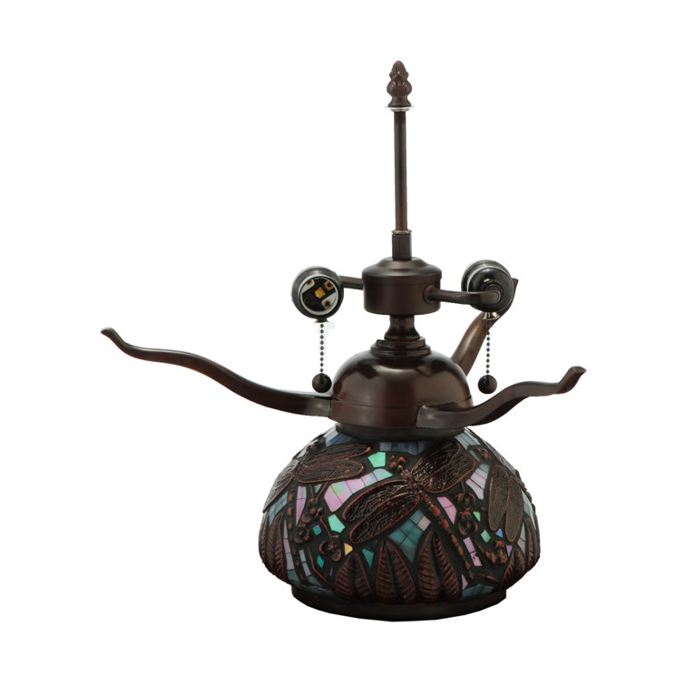 Mahogany Bronze Stained Glass Dragonfly Table Lamp with Agate Stones