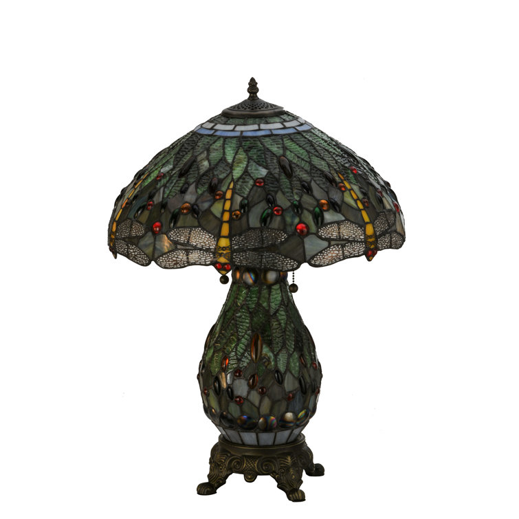 25" Mahogany Bronze Stained Glass Dragonfly Table Lamp