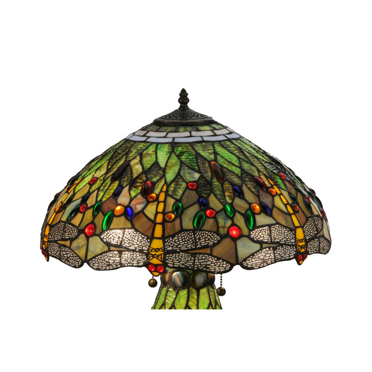 25" Mahogany Bronze Stained Glass Dragonfly Table Lamp