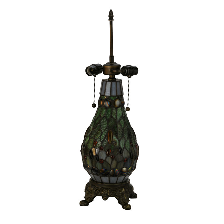 25" Mahogany Bronze Stained Glass Dragonfly Table Lamp