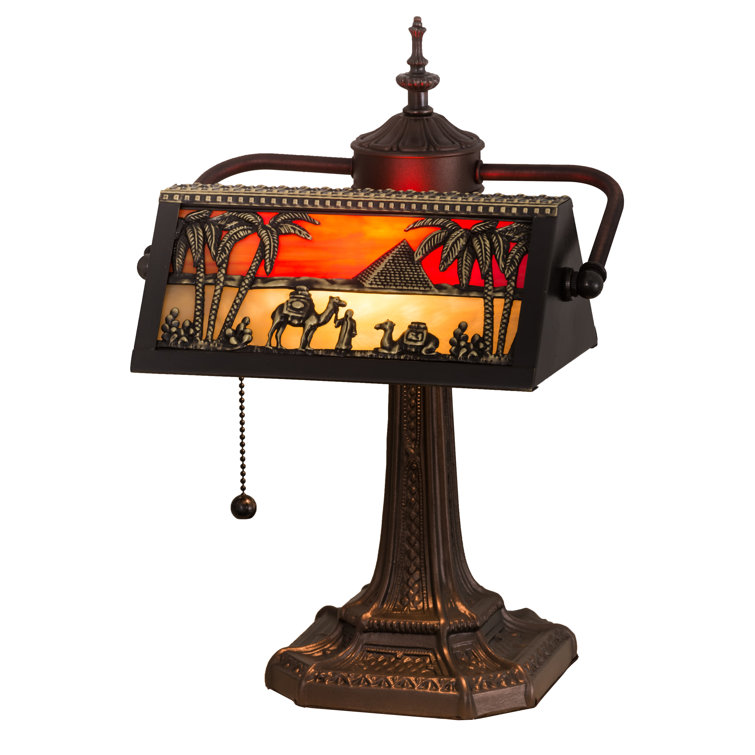 Antique Bronze Stained Glass Banker's Lamp with Egyptian Design