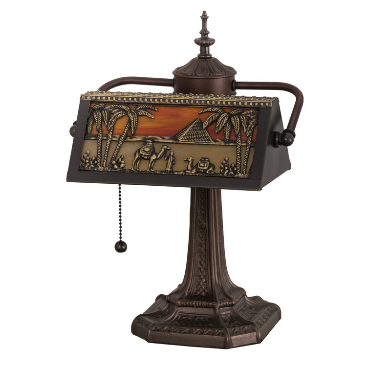 Antique Bronze Stained Glass Banker's Lamp with Egyptian Design