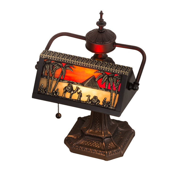 Antique Bronze Stained Glass Banker's Lamp with Egyptian Design