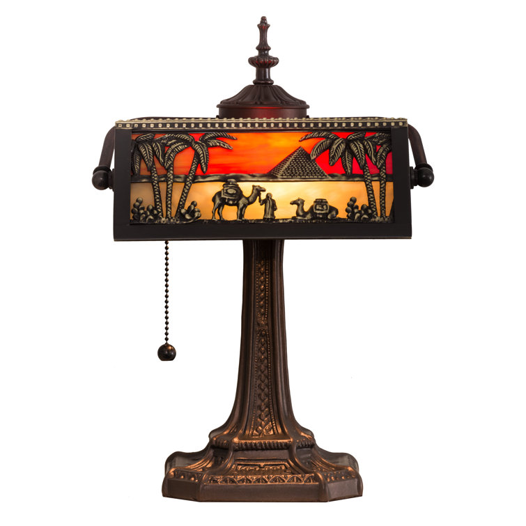 Antique Bronze Stained Glass Banker's Lamp with Egyptian Design