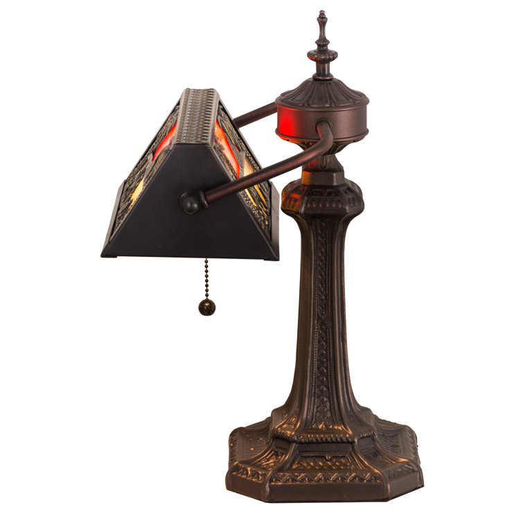 Antique Bronze Stained Glass Banker's Lamp with Egyptian Design