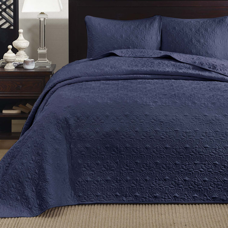 Navy King-Size Reversible Microfiber Bedspread Set with Classic Stitch