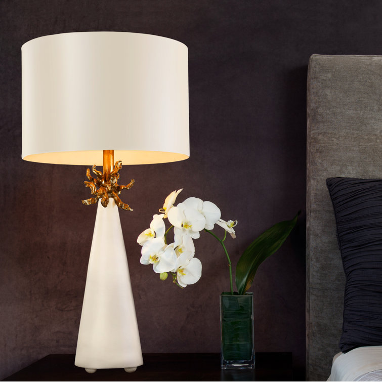 Neo French White and Gold Leaf Cylinder Table Lamp