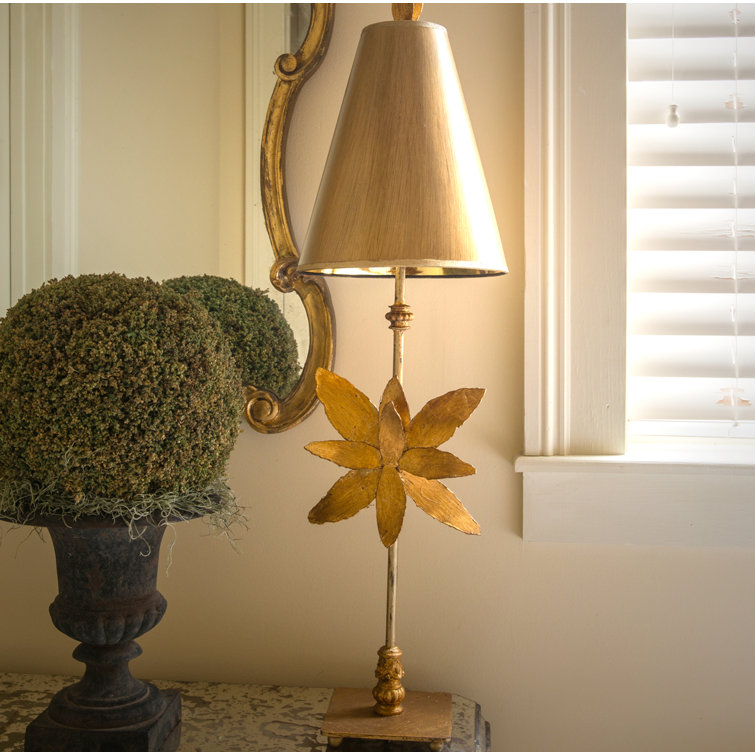 Tall Gold Leaf Steel Table Lamp with Floral Design