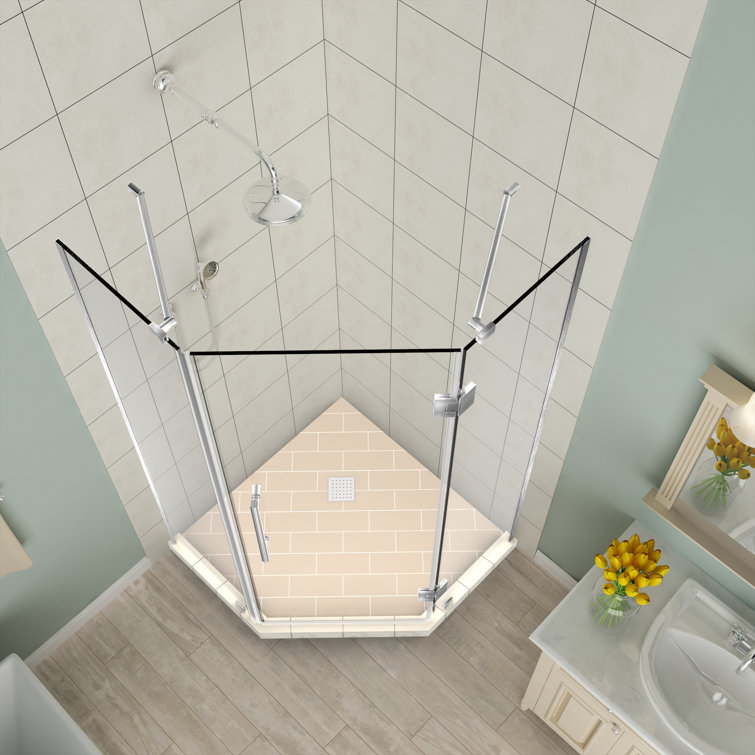 Merrick 34" x 72" Frameless Neo-Angle Hinged Shower Enclosure in Stainless Steel