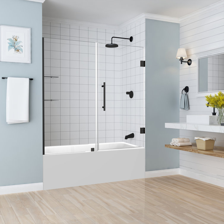 Matte Black Frameless Hinged Tub Door with Clear Glass