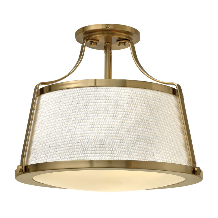 Charlotte Brushed Caramel 3-Light Semi-Flush Mount with Off-White Fabric Shade