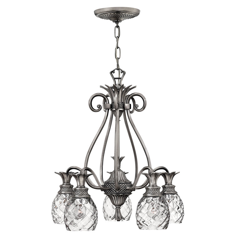 Elegant Polished Antique Nickel 5-Light Chandelier with Clear Crystal Pineapple Shades