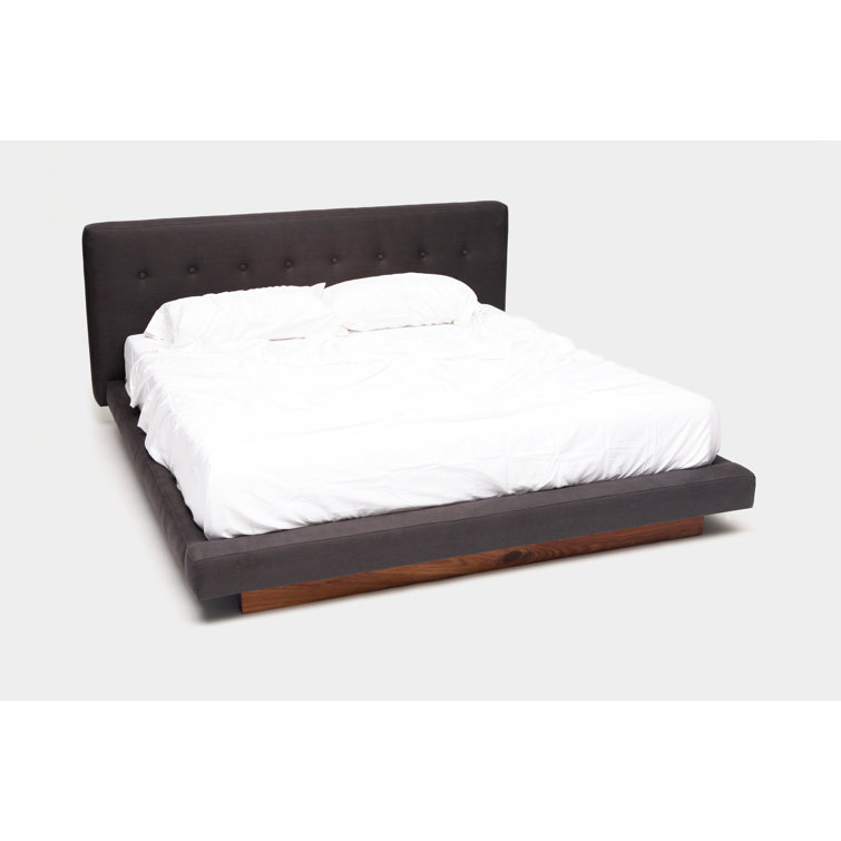 King Ash Linen Tufted Upholstered Platform Bed with Walnut Base