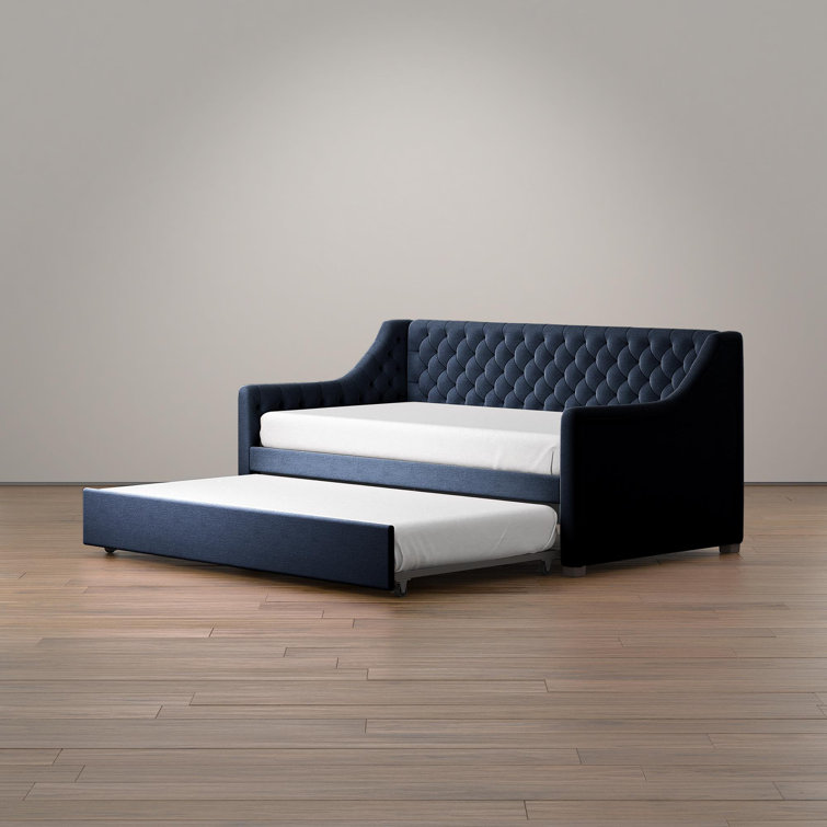 Navy Blue Velvet Twin Daybed with Trundle and Tufted Upholstery