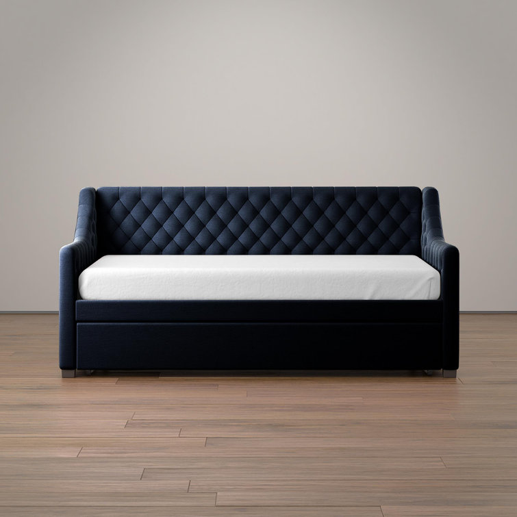 Navy Blue Velvet Twin Daybed with Trundle and Tufted Upholstery