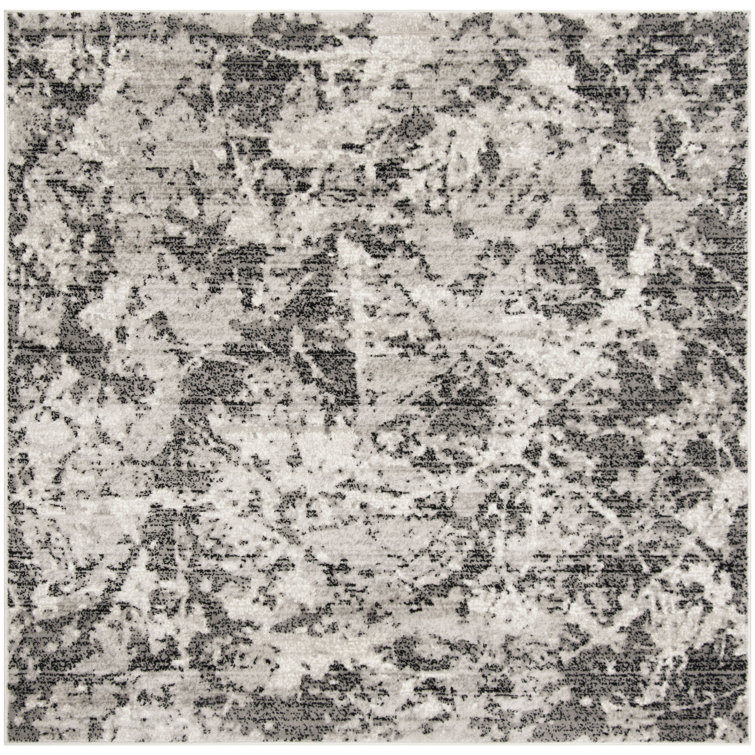 Charcoal and Ivory Square Abstract Synthetic Rug, 4' x 4'