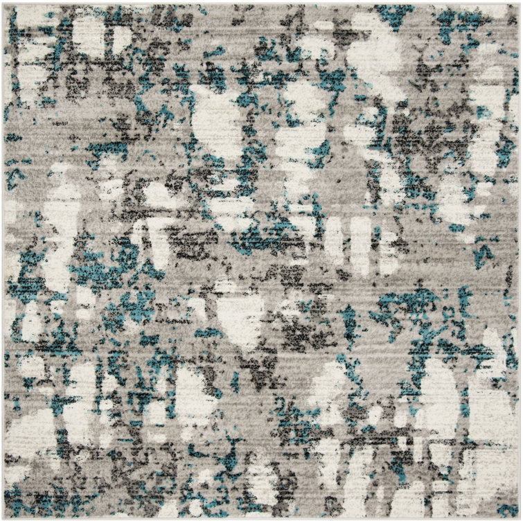 Skyler Gray and Blue Synthetic Abstract Square Rug 6'7"