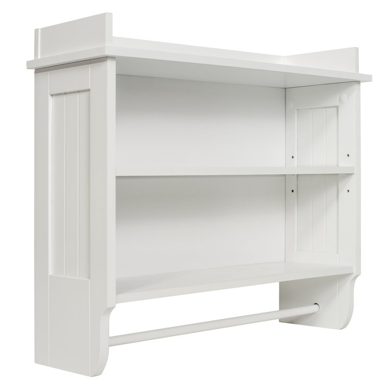 Elevated White Wooden Floating Wall Shelf with Towel Bar