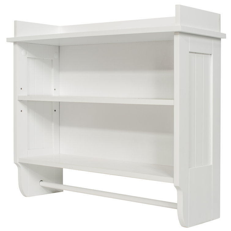 Elevated White Wooden Floating Wall Shelf with Towel Bar