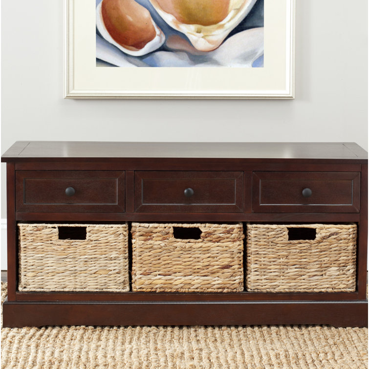 Transitional Damien Dark Cherry Pine Storage Bench with Wicker Baskets