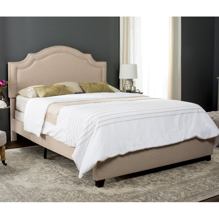 Light Beige Queen Upholstered Bed Frame with Nailhead Trim
