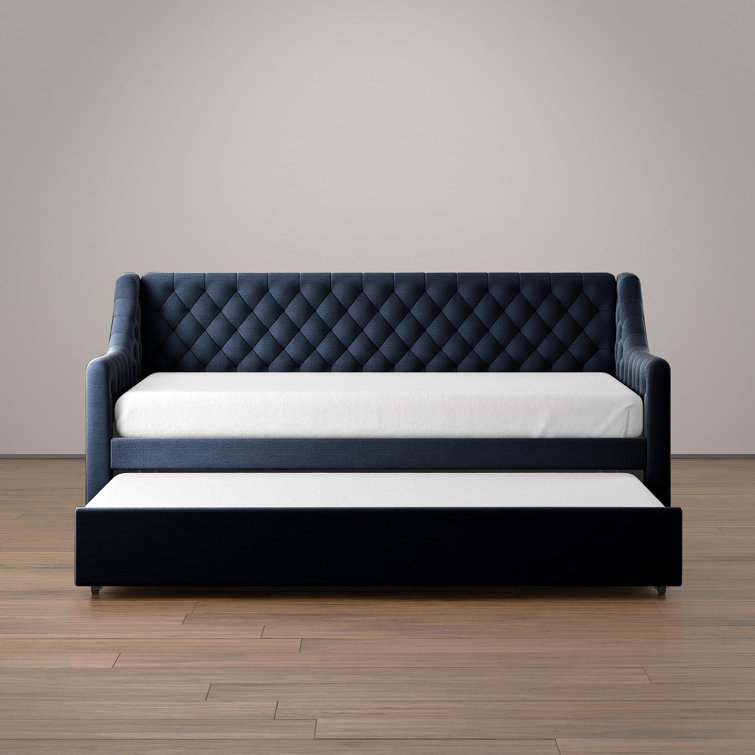 Navy Blue Velvet Twin Daybed with Trundle and Tufted Upholstery