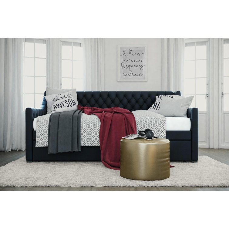 Navy Blue Velvet Twin Daybed with Trundle and Tufted Upholstery