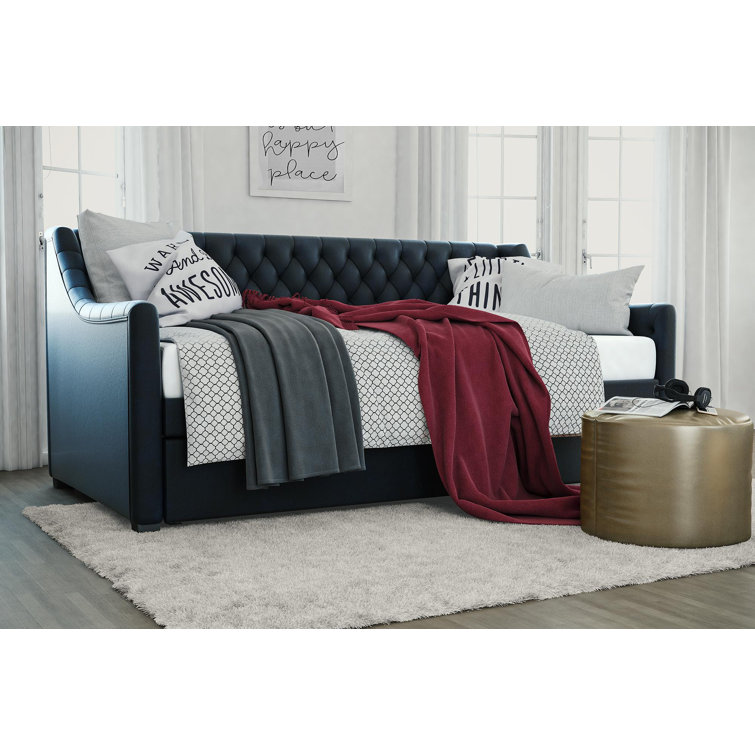 Navy Blue Velvet Twin Daybed with Trundle and Tufted Upholstery