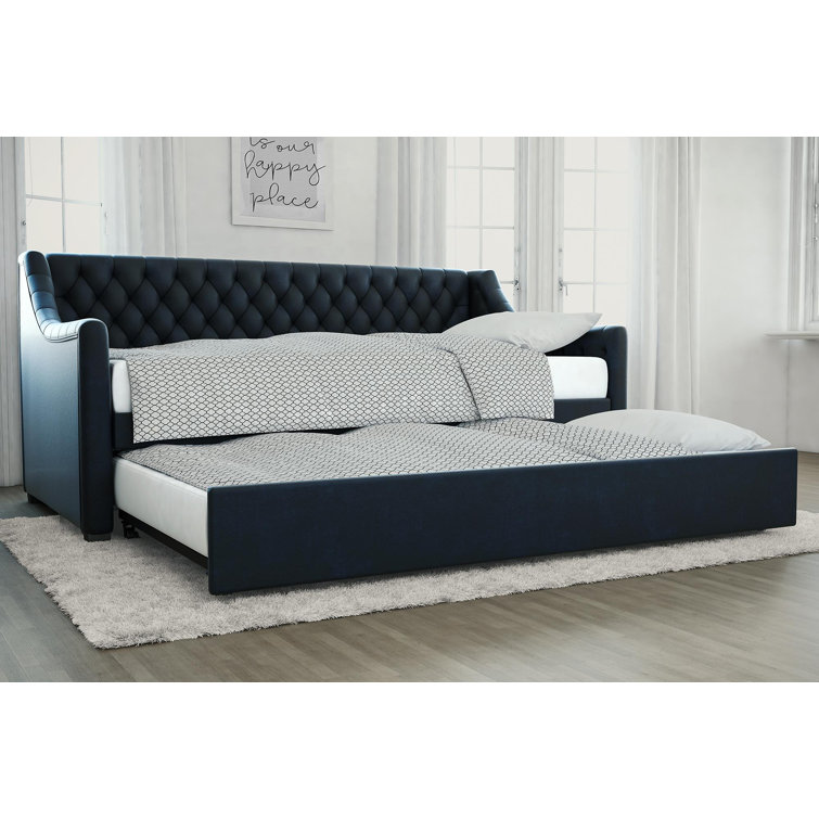 Navy Blue Velvet Twin Daybed with Trundle and Tufted Upholstery