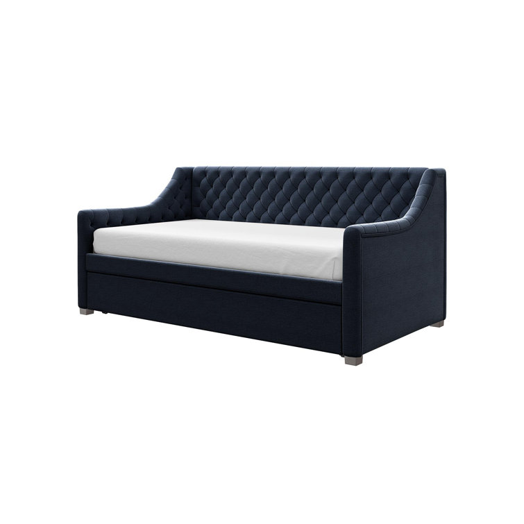 Navy Blue Velvet Twin Daybed with Trundle and Tufted Upholstery