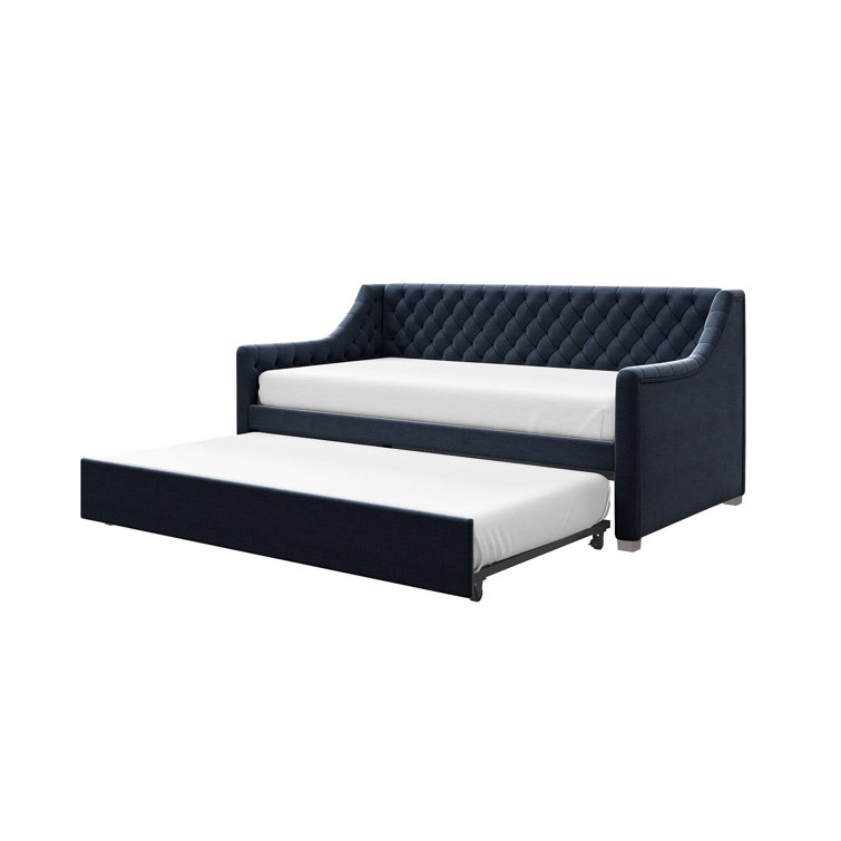 Navy Blue Velvet Twin Daybed with Trundle and Tufted Upholstery