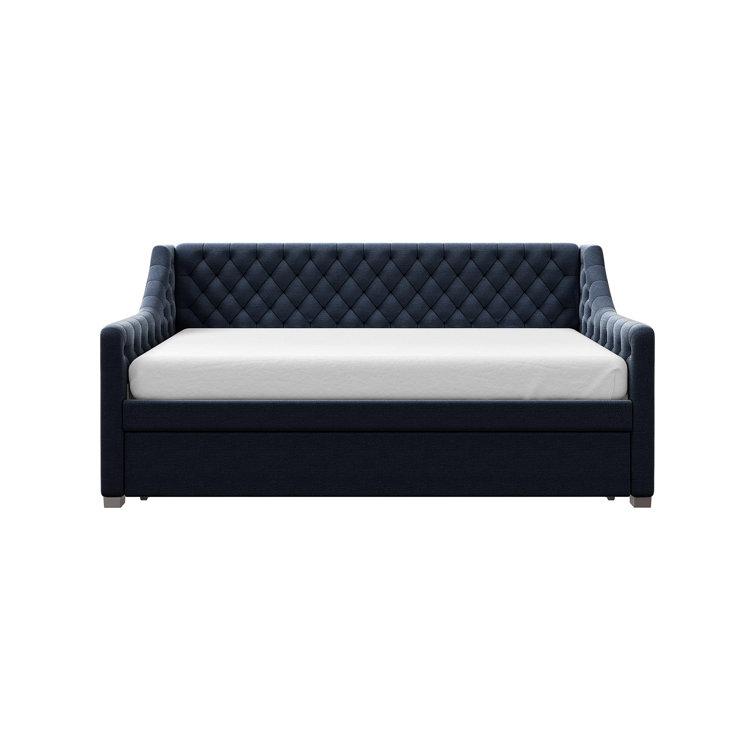Navy Blue Velvet Twin Daybed with Trundle and Tufted Upholstery
