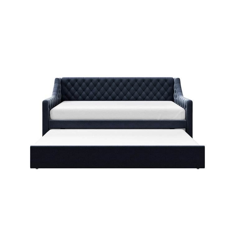 Navy Blue Velvet Twin Daybed with Trundle and Tufted Upholstery
