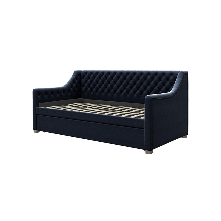 Navy Blue Velvet Twin Daybed with Trundle and Tufted Upholstery