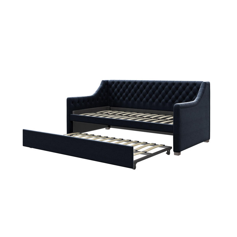 Navy Blue Velvet Twin Daybed with Trundle and Tufted Upholstery