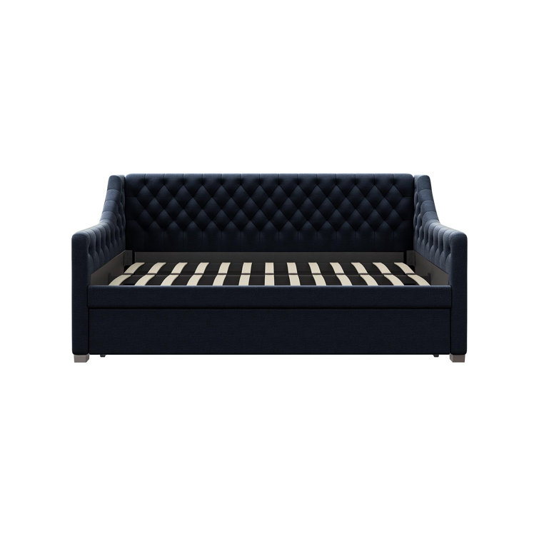Navy Blue Velvet Twin Daybed with Trundle and Tufted Upholstery