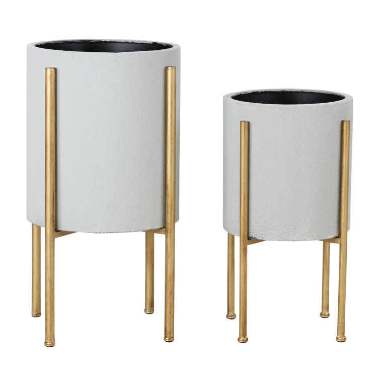Mid-Century Gray Stucco Indoor/Outdoor Planter Set on Gold Stand