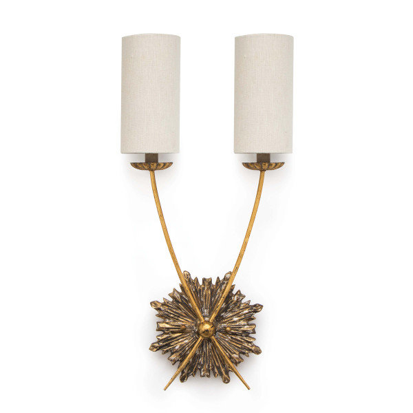 Antique Gold Dual-Light Linen Shade Wall Sconce